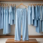 light blue ribbed wide leg casual pants with scattered rhinestone studs and a white drawstring (2)