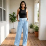 light blue ribbed wide leg casual pants with scattered rhinestone studs and a white drawstring (3)