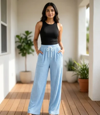 light blue ribbed wide leg casual pants with scattered rhinestone studs and a white drawstring (3)
