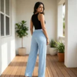 light blue ribbed wide leg casual pants with scattered rhinestone studs and a white drawstring (4)