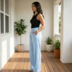 light blue ribbed wide leg casual pants with scattered rhinestone studs and a white drawstring (5)