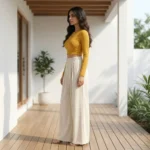 solid beige wide leg trousers with an elasticated high waist (3)