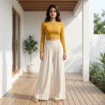 solid beige wide leg trousers with an elasticated high waist (4)
