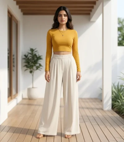 solid beige wide leg trousers with an elasticated high waist (4)