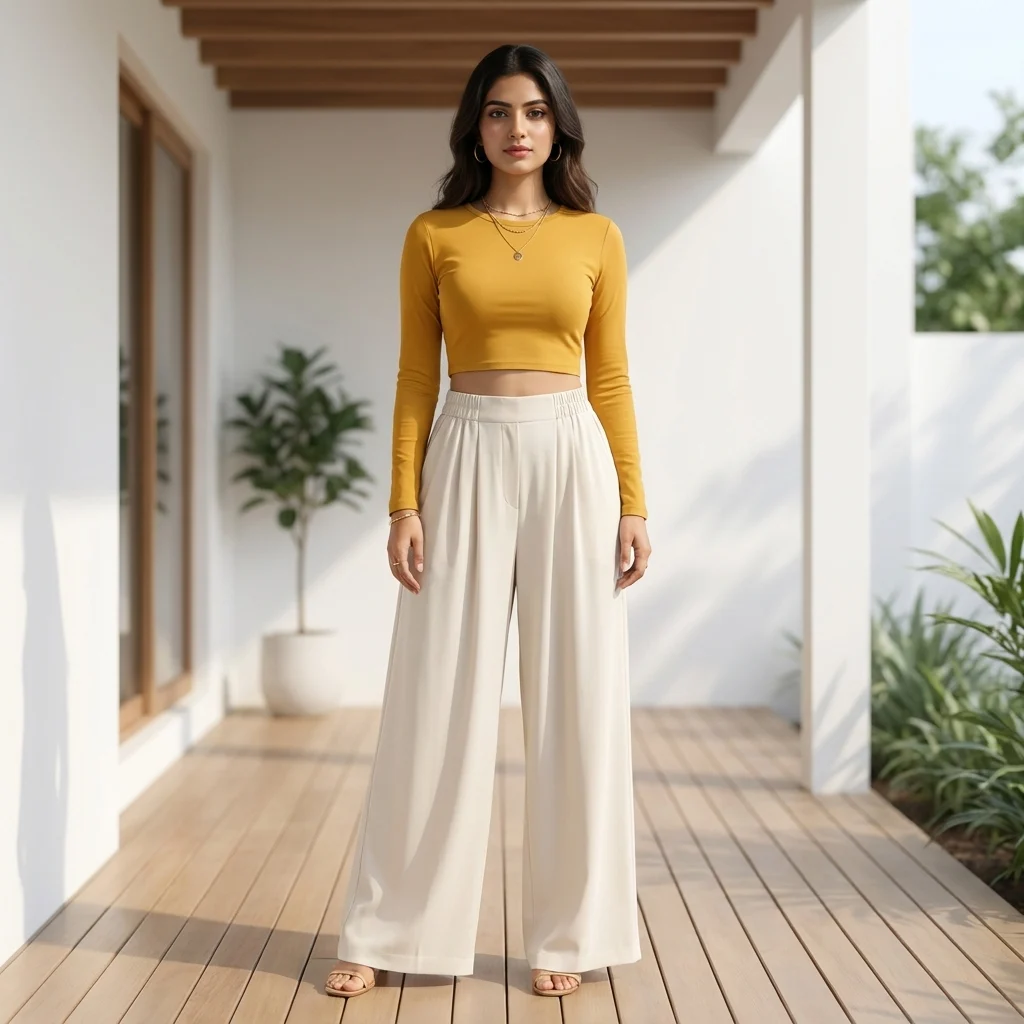 solid beige wide leg trousers with an elasticated high waist (4) solid beige wide leg trousers with an elasticated high waist (4)