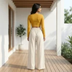 solid beige wide leg trousers with an elasticated high waist (5)