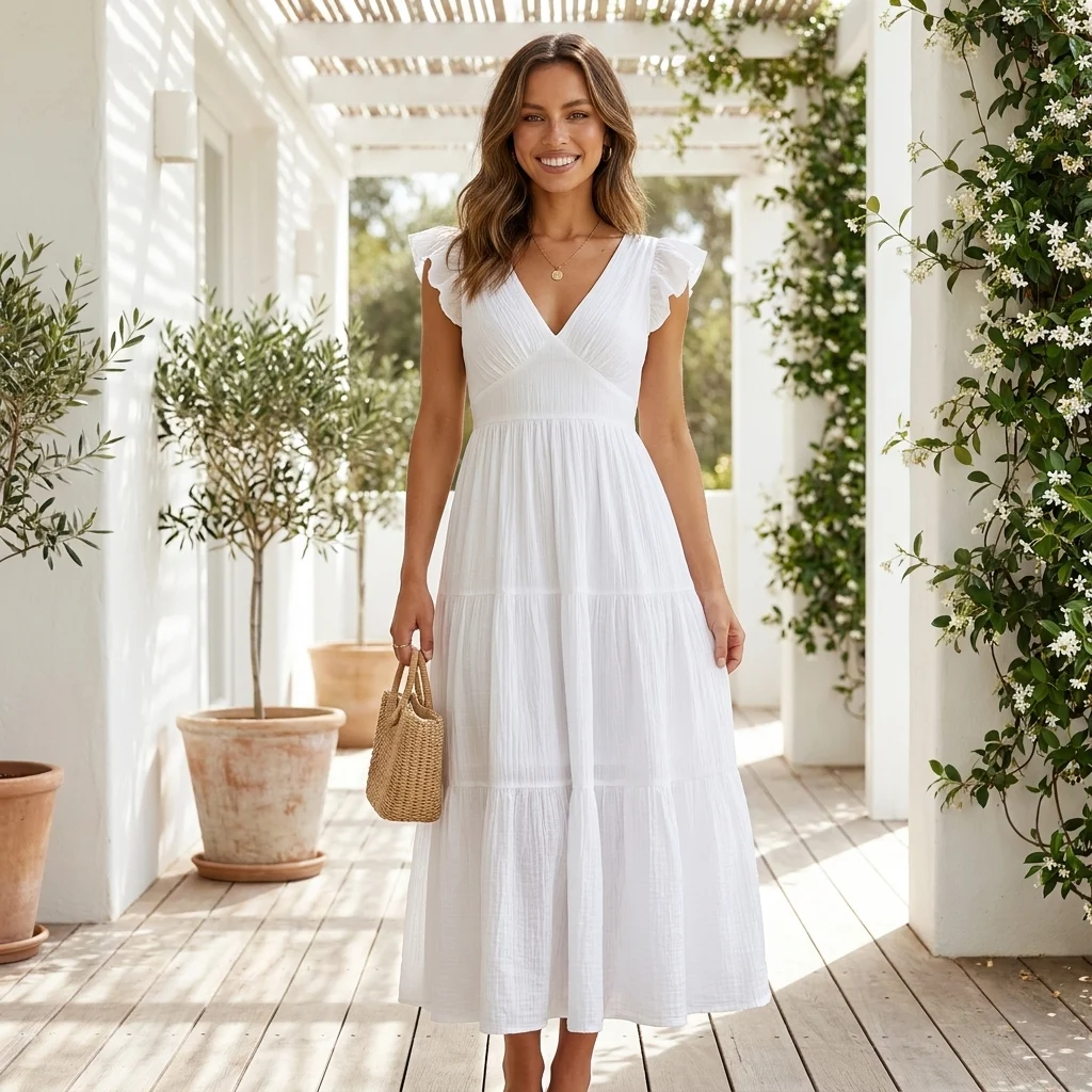 white crinkle textured cotton fabric used for a summer maxi dress (1)