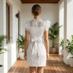 white textured mini dress with sheer yoke and ruffled cap sleeves, featuring a back bow detail (1)