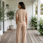 woman in a relaxed beige ribbed matching top and wide leg trousers (2)