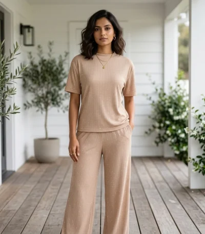 woman in a relaxed beige ribbed matching top and wide leg trousers (4)