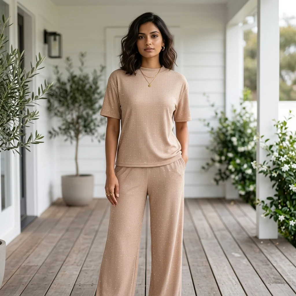 woman in a relaxed beige ribbed matching top and wide leg trousers (4) woman in a relaxed beige ribbed matching top and wide leg trousers (4)