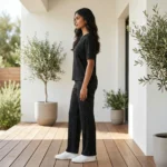 woman in a relaxed black ribbed matching top and wide leg trousers (1)