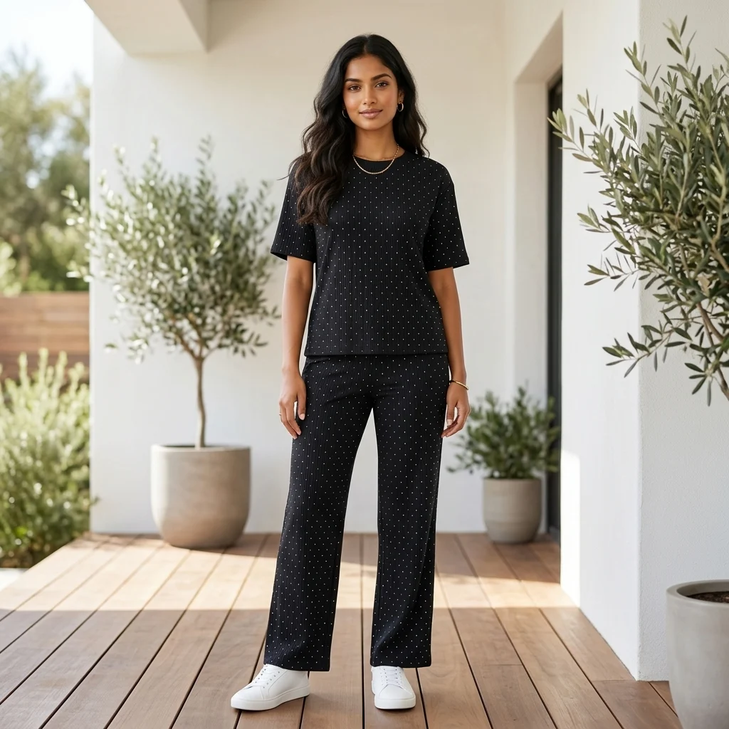 woman in a relaxed black ribbed matching top and wide leg trousers (3) woman in a relaxed black ribbed matching top and wide leg trousers (3)