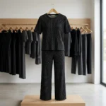 woman in a relaxed black ribbed matching top and wide leg trousers (4)