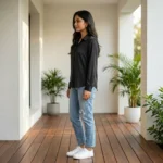 woman wearing a classic solid black long sleeve collared shirt (1)