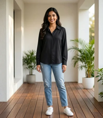 woman wearing a classic solid black long sleeve collared shirt (2)