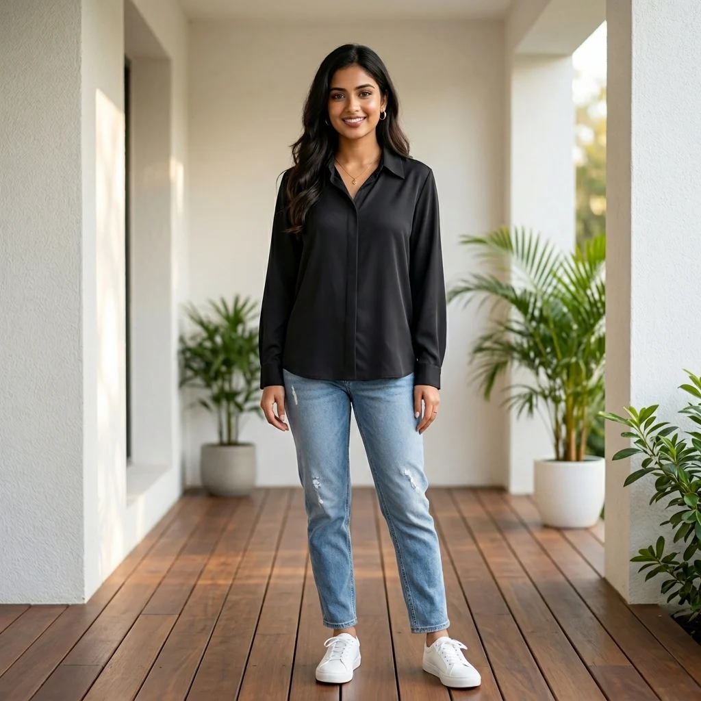 woman wearing a classic solid black long sleeve collared shirt (2) woman wearing a classic solid black long sleeve collared shirt (2)