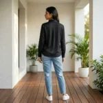 woman wearing a classic solid black long sleeve collared shirt (3)