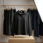 woman wearing a classic solid black long sleeve collared shirt (4)