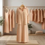 woman wearing a light beige two piece maxi slip dress with a matching open long sleeve shirt (2)