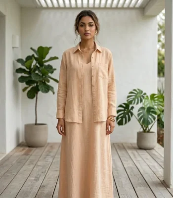 woman wearing a light beige two piece maxi slip dress with a matching open long sleeve shirt (3)