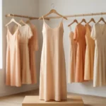 woman wearing a light beige two piece maxi slip dress with a matching open long sleeve shirt (4)