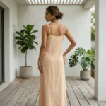 woman wearing a light beige two piece maxi slip dress with a matching open long sleeve shirt (6)