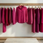 woman wearing a long sleeve solid magenta button down shirt (1)