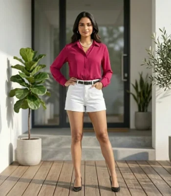 woman wearing a long sleeve solid magenta button down shirt (3)