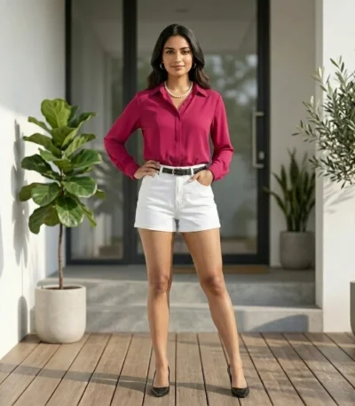 woman wearing a long sleeve solid magenta button down shirt (3)