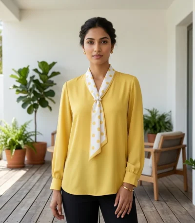 woman wearing a mustard yellow tie neck formal blouse with white and yellow polka dots (1)