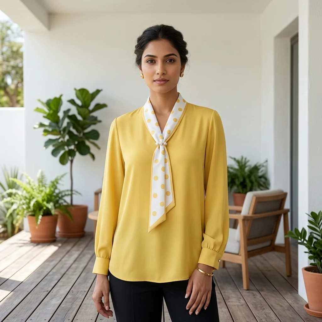 woman wearing a mustard yellow tie neck formal blouse with white and yellow polka dots (1) woman wearing a mustard yellow tie neck formal blouse with white and yellow polka dots (1)