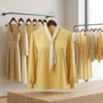 woman wearing a mustard yellow tie neck formal blouse with white and yellow polka dots (2)