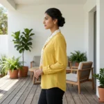 woman wearing a mustard yellow tie neck formal blouse with white and yellow polka dots (4)