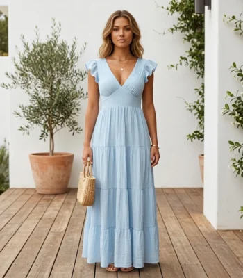 woman wearing a sky blue tiered plisse maxi dress with flutter sleeves and a smocked back detail (1)