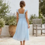 woman wearing a sky blue tiered plisse maxi dress with flutter sleeves and a smocked back detail (2)
