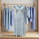 woman wearing a sky blue tiered plisse maxi dress with flutter sleeves and a smocked back detail (3)