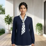 woman wearing an ivory formal blouse with a beige polka dot neck tie and pearl ring (1)