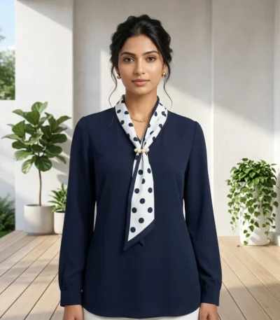 woman wearing an ivory formal blouse with a beige polka dot neck tie and pearl ring (1)