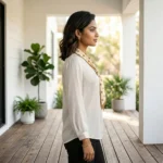 woman wearing an ivory formal blouse with a beige polka dot neck tie and pearl ring (1)