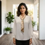 woman wearing an ivory formal blouse with a beige polka dot neck tie and pearl ring (2)