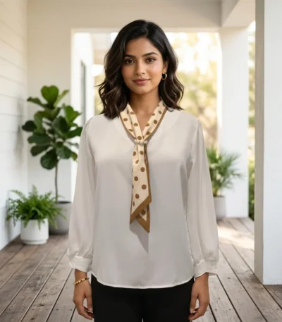 woman wearing an ivory formal blouse with a beige polka dot neck tie and pearl ring (2)