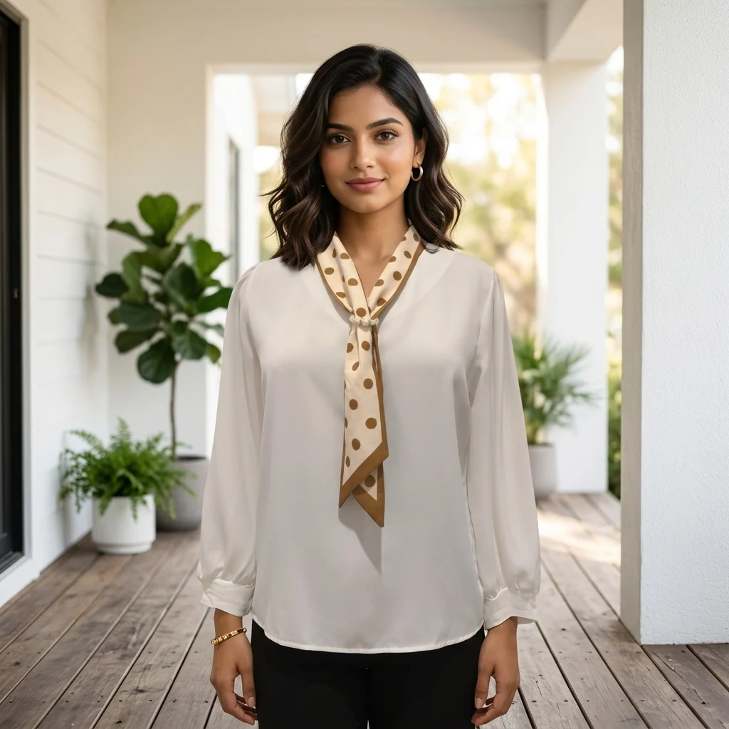 woman wearing an ivory formal blouse with a beige polka dot neck tie and pearl ring (2)