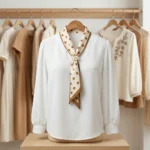 woman wearing an ivory formal blouse with a beige polka dot neck tie and pearl ring (5)