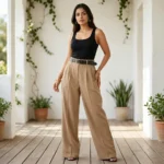 woman wearing beige high waisted wide leg pleated trousers (1)