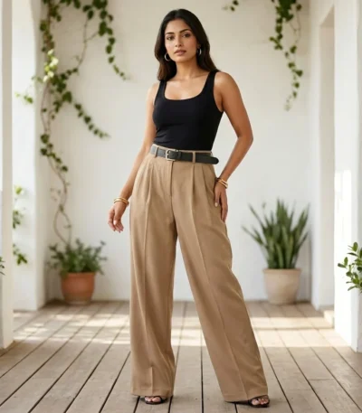 woman wearing beige high waisted wide leg pleated trousers (1)