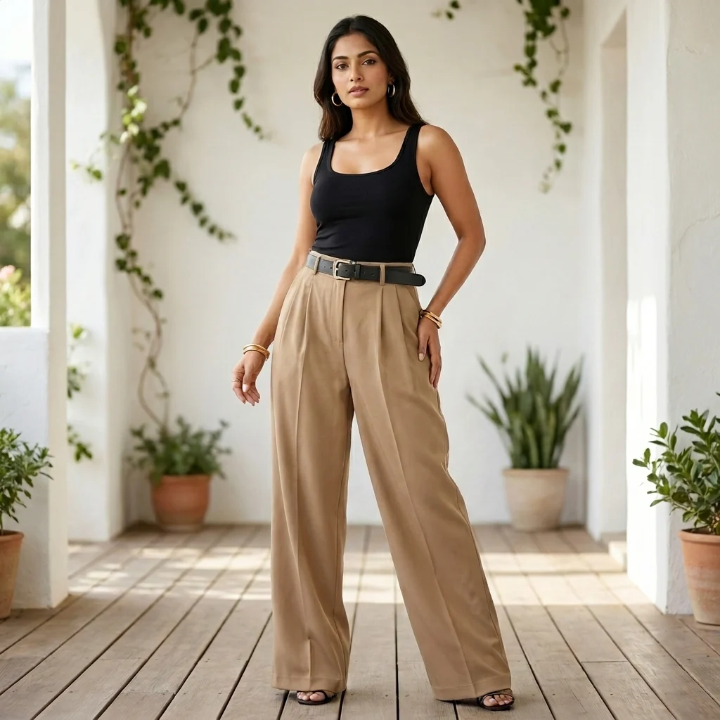 woman wearing beige high waisted wide leg pleated trousers (1) woman wearing beige high waisted wide leg pleated trousers (1)