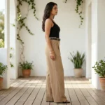 woman wearing beige high waisted wide leg pleated trousers (2)