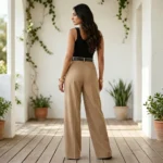 woman wearing beige high waisted wide leg pleated trousers (3)