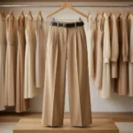 woman wearing beige high waisted wide leg pleated trousers (5)